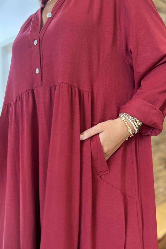 Made in Italy Donegal Cotton Jersey Smock Dress Burgundy